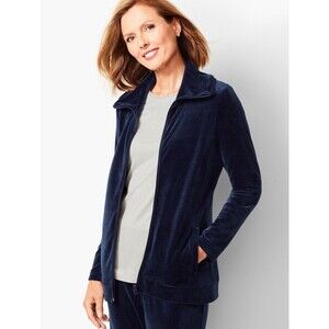 Talbots Velour Jacket Women's XL Navy Front Zip Long Sleeves Pockets